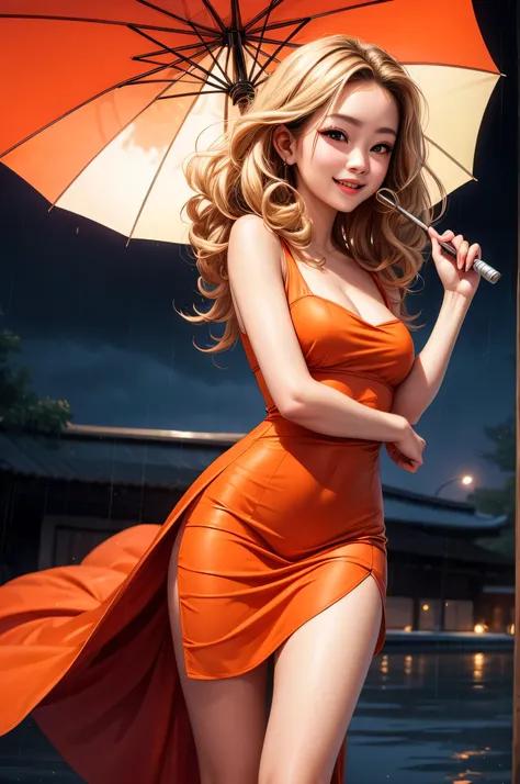 best quality, clear quality, high quality, 4K, 8k, young asian woman, small breasts, long blond curly hair, sexy posing, umbrella, wearing orange dress, smile, beautiful night background, rainy