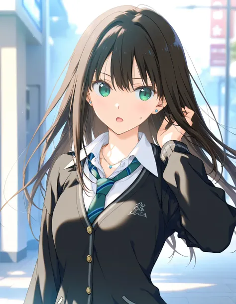 1girl, shibuya_rin, long hair, black hair, medium breasts, green eyes, school uniform, open mouth, sweat, outdoors, wind, game CG break,((artist:shida_kazuhiro)),(artist:mitsumi_misato),(artist:fujiyama),,(masterpiece), (best quality), (ultra-detailed), ve...