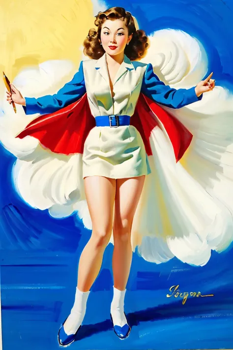 1950年代of水彩画, Pen and ink, レトロなファッションof25歳ofマリリン・モンロー,  pin-up style ,  full body shot , 田舎暮らしof描写,  light grey and light brown and red and white and blue , 古典的なアメリカーナofスタイルで,  mottled pattern, 遊び心ofある無邪気さ, point々of, 白い背景からofカットアウト, ノーマン・ロックウェルofスタイルで, Mast...