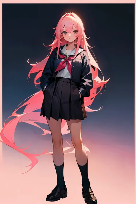 Adult girl, Solo, pink long hair, wearing japanese school uniform, standing pose with hands in pocket, shot at night, full body from head to toe, High Resolution, Best Quality, Anatomically Correct, 