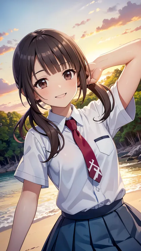 (16k, ultra high resolution with forest background, best quality,masterpiece, very detailed, Extremely Clear ),okitasawa,lowtwintale , white shirt, Short sleeve,  red tie ,  blue skirt ,  Anatomically Correct Body  , looking at the camera,Open your mouth w...