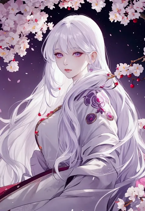 a beautiful woman with long white hair with bangs, light purple eyes, very white skin, on a night background with cherry trees.