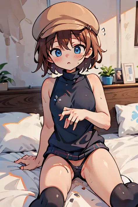 Helga Haruka,  blue eyes,  brown hair,  short hair, Brown Hat,  Black Sweater ,   sleeveless, turtleneck,her panty color is white,  1 girl, Alone,fingering pussy,perfect anatomy