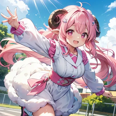 An anime-style close-up illustration of ‘Fua-chan’ running with a bright, cheerful smile. Fua-chan has long pink hair styled ((in soft curls resembling sheep’s horns,)) her pink eyes sparkling with joy and energy. She is depicted mid-motion, her hair flowi...