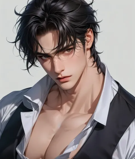(Masterpiece, Best Quality, Super Detailed, High Resolution, Ridiculous Results), 1 Mature Male, Case 30, (Broad Shoulders), (Muscles), Male Focus, Alone, Black Hairstyle, Shirt, Tie, Simple Background , dark eyes, upper body, vest, messy short and medium ...