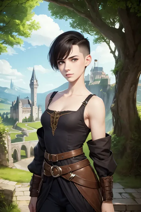 Fantasy Setting: Fullbody portrait: A happy young woman with very short dark-brown undercut. Shaved sides. Tomboyish. Androgynous. Slim. Wide hips. Long thick legs. Extremly pale skin with liverspots. A narrow soft face. Round chin. Curved lips. A long and...