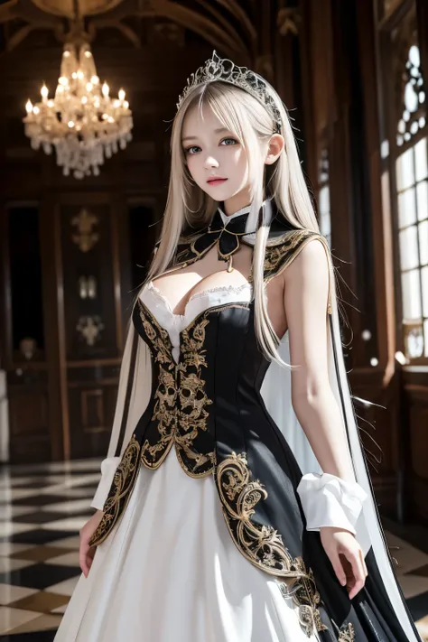 masterpiece, best quality, Very detailed, pretty girl, teenager, smaller breasts, Thin Waist, long white hair when placed on the floor , perfect eyes, so cute,Fairy,slender, Black Queen Outfit,Dignified Outfit ,Cape, Long Skirt,gem, Ornate Castle Hall ,The...