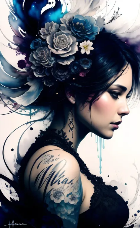 Colorful beautiful woman: Black ink flow: 8k resolution photorealistic masterpiece: by Aaron Horkey and Jeremy Mann: intricately detailed fluid gouache painting: by Jean Baptiste Mongue: calligraphy: acrylic: watercolor art, professional photography, natur...