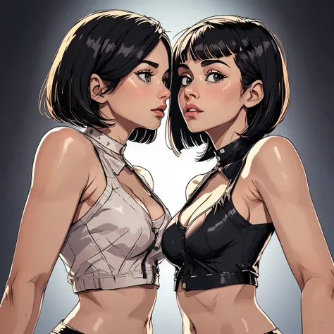 two asian twin girls kissing each other, (upper body, bust:1.4), black eyes, black hair, (bob cut:1.3), (crop top, bare shoulder...