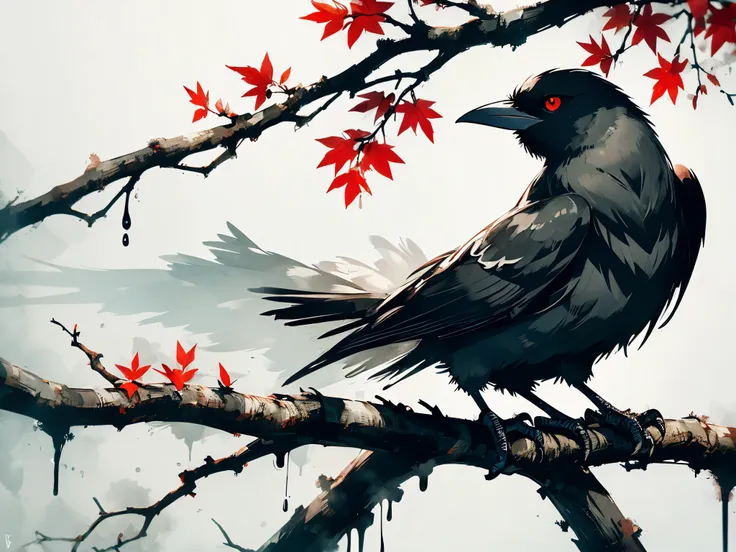 black ink, dripping, splatter, crow, sitting on branch, white background, red leaves, ((1 bird))