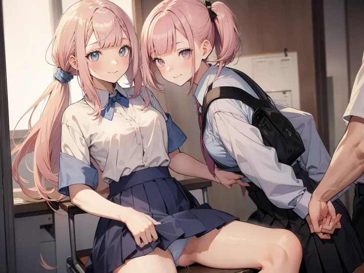 faded tone, cool school girl, 2 men, having sex with men, pink hair, bob hair, innocent girl, principles office, drooling, side half pony tail, (blunt bangs :1.6), light blue skirt, small breasts, , cinematic, hair ornament, bob hair, small chest, , heavil...