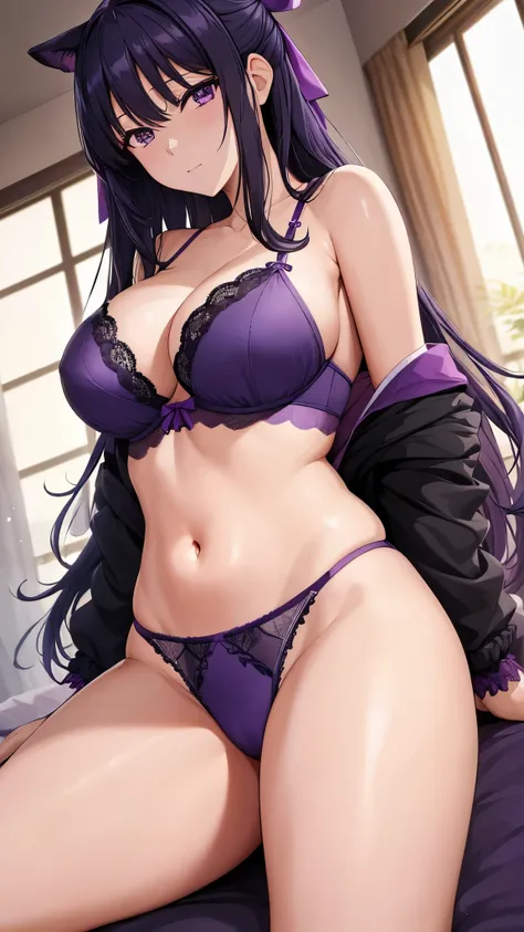 Akane Ryuzoji、 (  best quality) 、 (  best quality) 、(masterpiece)、(8k resolution),Beauty、( Mature )（  perfect style ）、( Big Breasts )、 、Dark blue long hair、 Purple ribbon 、  Unbearable Ecstasy 、（Get closer）、 Purple Lace Lingerie、Purple lace bra、  sexy pose...