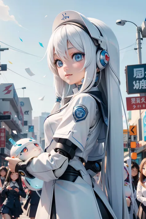 ( best quality:1.2)。robot。((Six )) a parade of women-type robots。 Long White Hair。 shaped like school girls 。((Line up))、On the street with a blue sky 。 roadside people 々Wave to。Confetti。 the background is a city in the near future 。