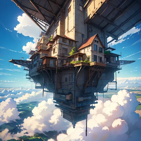 Sky, Above the Clouds, Flying City, rectangular plate-shaped flying object, large drone, Large propeller with vertical orientation in all directions, Housing, field, Ranch, Steampunk, anime, super detail, high details, high quality, best quality, UHD