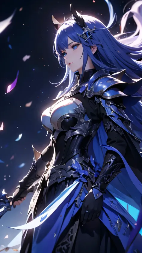  create fantasy artwork featuring a 、Focus on dark 々 female knight wearing armor adorned with mysterious designs and textures。 female knights ride powerful, shadowy horses 、 both give off an aura of strength and mystery 。 The color palette is based on deep...