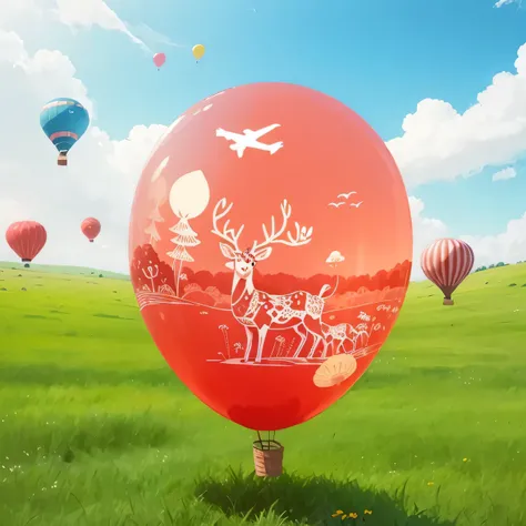  huge floating red balloons，The balloon has airplanes 、deer、horse、 bird and mushroom patterns ，（There are only grass and small flowers on the grass ） balloon casting shadows on the grass， blue sky and white clouds，Fresh and bright， the best quality,4K,8K, ...