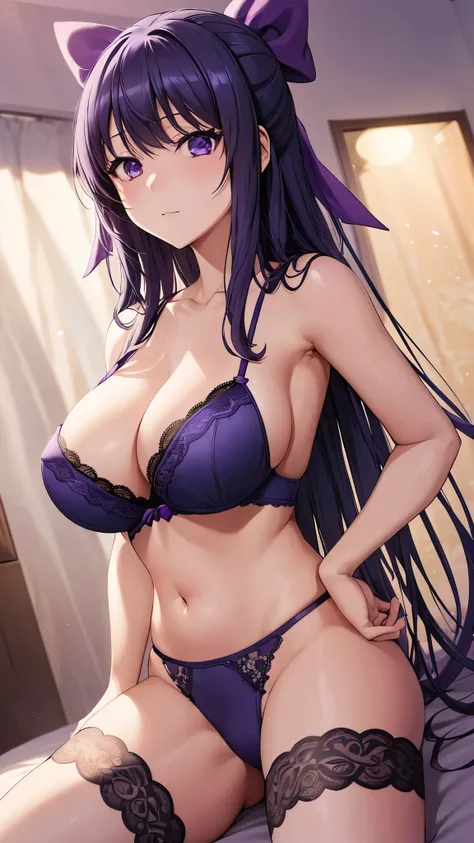 Akane Ryuzoji、 (  best quality) 、 (  best quality) 、(masterpiece)、(8k resolution),Beauty、( Mature )（  perfect style ）、( Big Breasts )、 、Dark blue long hair、 Purple ribbon 、 ecstasy look 、（Get closer）、 Purple Lace Lingerie、Purple lace bra、  sexy pose 、 Show...