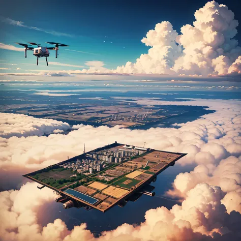 Sky, Above the Clouds, Flying City, rectangular plate-shaped flying object, large drone, Large propellers perpendicular to all sides of the city, Housing, field, Ranch, Steampunk, anime, super detail, high details, high quality, best quality, UHD