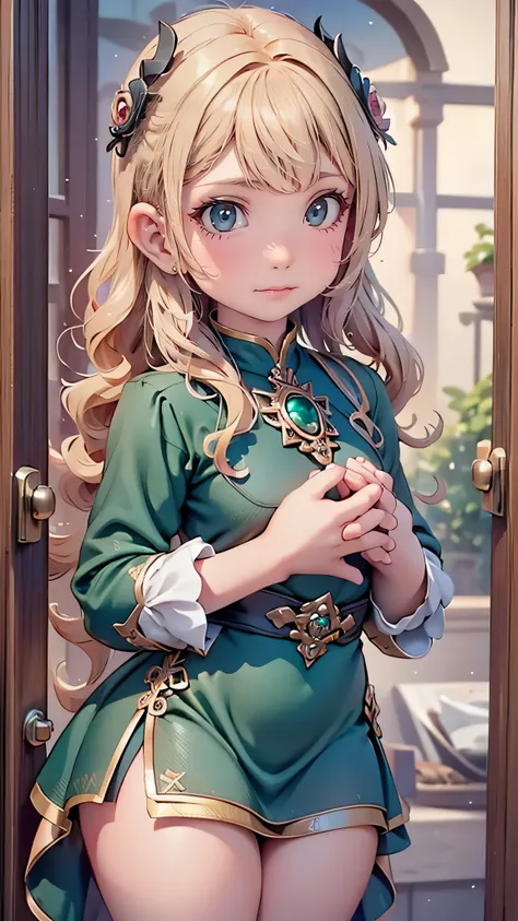 prompt: 8K resolution, delicate features, , single, mature woman, smile, blonde,long curly hair, princess cut, Small hair ornament, brooch, Shiny dark green mini dress, gothic style, Folded hands, Please look into the camera