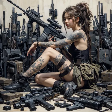 Japanese painting expression 、Designed like Mucha 、 young woman、 long hair、 tank top、、Tattoo、 assault rifles and grenade launchers、 sitting 、 with lots of weapons around 、Precision in the details、Wabi-sabi、 Flower Bird Wind Moon