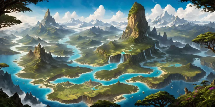 The magic map of the magical continent is very large , torn and worn , ( vertically viewed from above : 1.5), filled with bright ink , best quality, Imagination , 8 k, fantasy art. Mountains, trees, rivers , sea on the edges of the continent , citie...