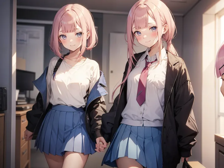 faded tone, cool school girl, 2 men, having sex with men, pink hair, bob hair, innocent girl, principles office, drooling, side half pony tail, (blunt bangs :1.6), (loli :1.6), light blue skirt, small breasts, (blushing :1.1) , cinematic, hair ornament, bo...