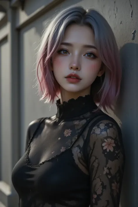 one girl, An ennui look、Upper body angle、 concrete background、bob cut、 short hair, colorful hair, compensate, parted lips, red lips, eyelinelm grain,a black and white photo:1.3、RAW photo)))、highest quality、ultra high resolution、masterpiece、background blur,