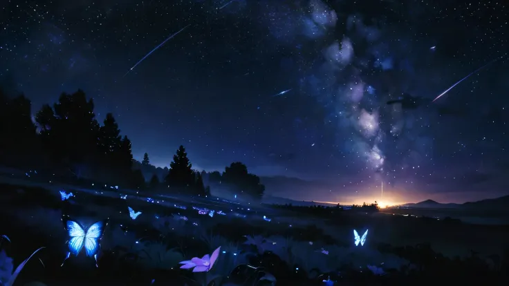 masterpicece, best quaility, black night, clear sky, dark atmosphere, shooting star, shining blue butterfly, butterflies are flying, starlight, old tree, fantastic, mysterious atmosphere, Detailed background depiction