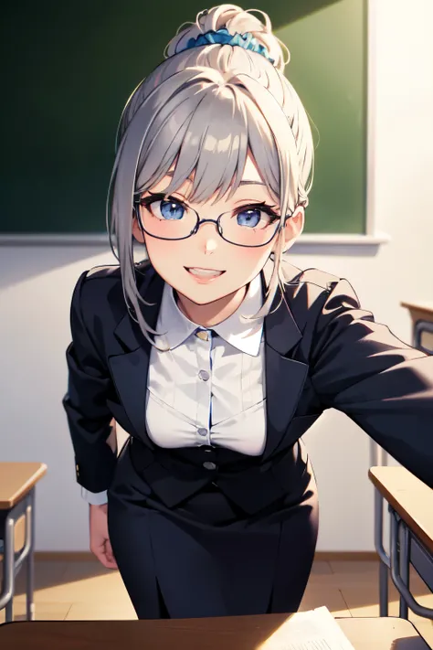 ちびキャラ 22yo palm high ponytail glasses
Classroom teacher
solo focus 1girl solo small breasts
slim　round face 
double eyelids eyeshadow Skyblue eyes small nose
updo gray hair big smile  loafers scrunchie  bending over