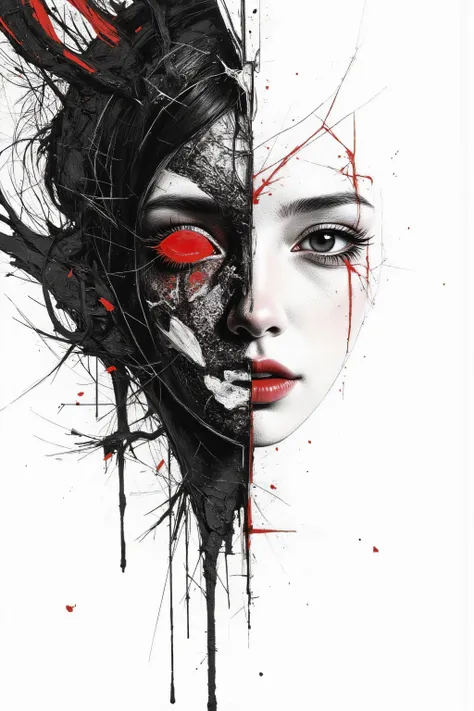 master piece:1.5、(minimal art, line drawing), woman、Black and white art:1.2、lips are red、Black and white world、silence、An ennui look、Densely drawn