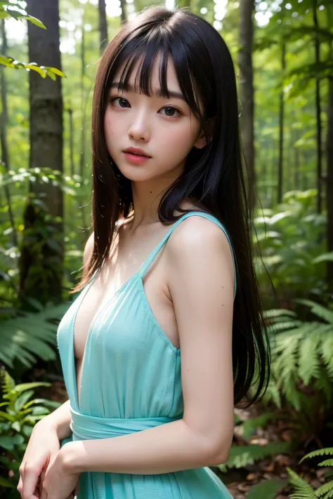 (   best quality, 8k, 32K,   Masterpiece ,     ultra high resolution with forest background:1.2),    cute japanese girl   ,( small breasts),      long black hair  , bangs,20 years old,

  dress、sea、