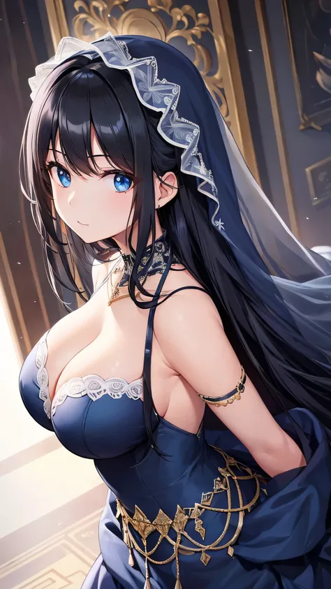 masterpiece,  best quality、 best quality,(8k resolution),Beauty、( looks like an adult)、 （  Sexy Perfect Style）、(( Big Breasts))、 long black hair 、 blue eyes、( dark blue luxury wedding dress, Wedding Veil ),Body Orientation (front)