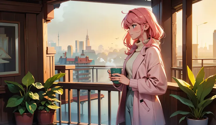 An anime-style scene of a woman standing on a cozy balcony on a rainy morning, holding a steaming cup of tea in both hands. She is dressed in a warm sweater, with her pink hair gently swaying in the breeze. The balcony is adorned with potted plants, and ra...