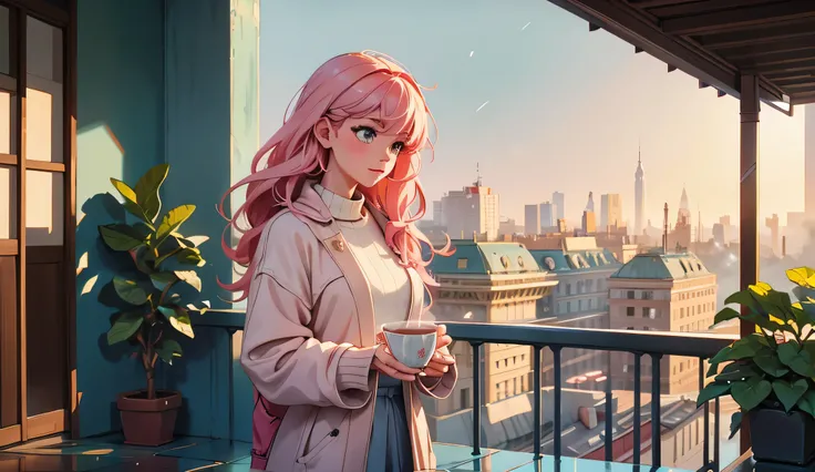 An anime-style scene of a woman standing on a cozy balcony on a rainy morning, holding a steaming cup of tea in both hands. She is dressed in a warm sweater, with her pink hair gently swaying in the breeze. The balcony is adorned with potted plants, and ra...