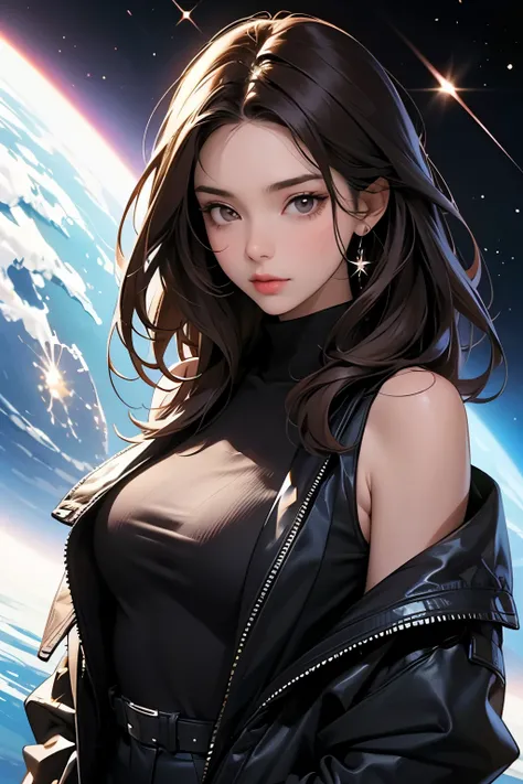 A beautiful woman looks at the camera with a defiant expression. She has dark brown hair that reaches around her shoulders. He is twenty-three years old. An intelligent and strong-willed atmosphere. she is wearing a jacket. An image of a parallel universe ...