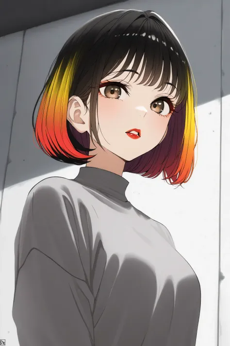 one girl, An ennui look、Upper body angle、 concrete background、bob cut、 short hair, colorful hair, compensate, parted lips, red lips, eyelinelm grain,a black and white photo:1.3、RAW photo)))、highest quality、ultra high resolution、masterpiece、background blur,