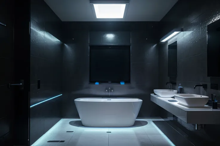 "A sleek, modern sci-fi bathroom featuring a futuristic toilet bowl. The toilet has a smooth, minimalist design with curved lines and metallic accents, giving it a high-tech look. Neon lights in shades of blue, purple, and white outline the edges of the wa...