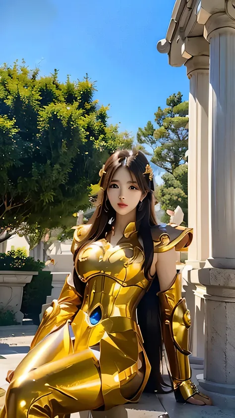  very beautiful korean girl , Pale skin, wearing saint seiya armor, leo gold armor, in outdoor temple, dinamic pose, The lighting is very bright, hyper realistic image, detailed