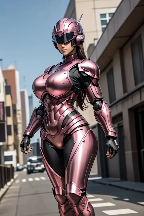  Female RoboCop Solo 、Bright outdoors、Strong light source、8k,  High Quality , masterpiece, 最 High Quality ,  sharp contrast 、 Very detailed、full body armor、Very large armor、Helmet to cover the head、Clear Photos、The eyes are pale, Translucent Straight Goggl...