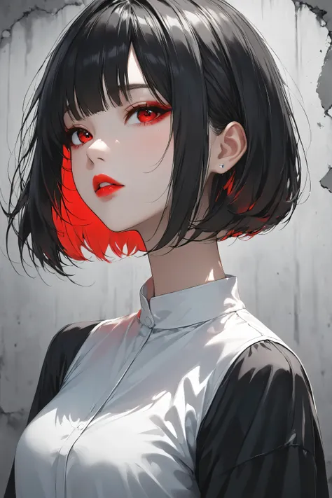 one girl, An ennui look、Upper body angle、 concrete background、bob cut、 short hair, colorful hair, compensate, parted lips, red lips, eyelinelm grain,a black and white photo:1.3、RAW photo)))、highest quality、ultra high resolution、masterpiece、background blur,