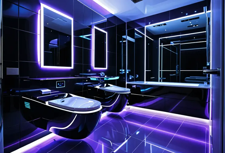 "A sleek, modern sci-fi bathroom featuring a futuristic toilet bowl. The toilet has a smooth, minimalist design with curved lines and metallic accents, giving it a high-tech look. Neon lights in shades of blue, purple, and white outline the edges of the wa...