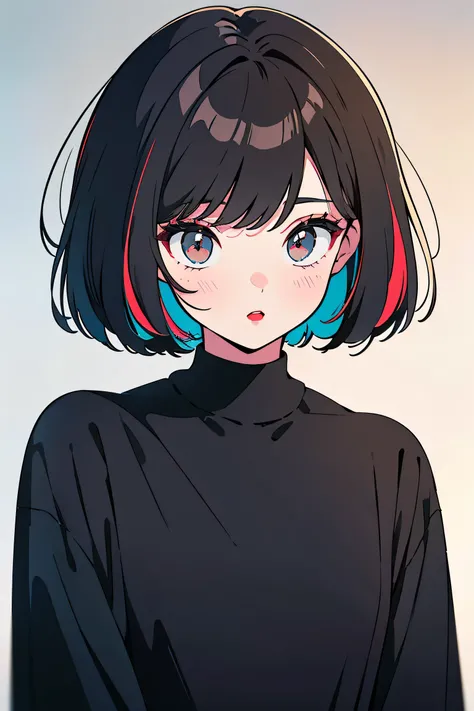 one girl, An ennui look、Upper body angle、 concrete background、bob cut、 short hair, colorful hair, compensate, parted lips, red lips, eyelinelm grain,a black and white photo:1.3、RAW photo)))、highest quality、ultra high resolution、masterpiece、background blur,