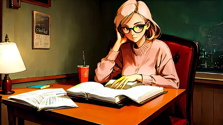 Beautiful woman, 85s style, studying, relaxed, glasses, chill.