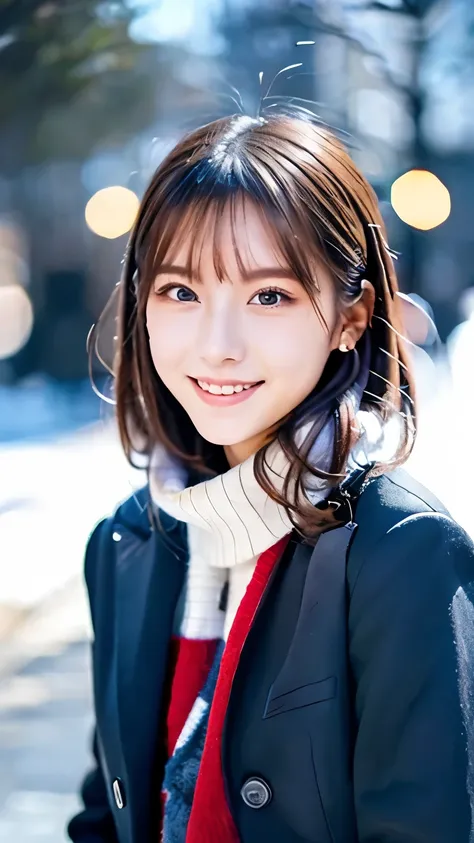 (Wore a winter uniform and scarf coat、 Close-up portrait of a girl with long hair and dull bangs:1.5)、(one person*** wearing a winter uniform and scarf coat spreads her arms and has a shy smile :1.5)、Age 25、( Christmas decorations on a street corner on a s...