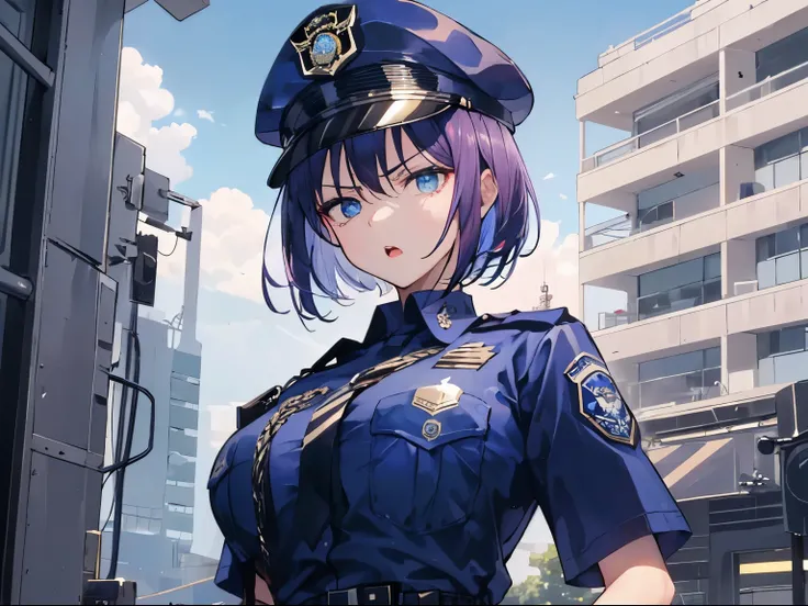 (serious, glaring, open mouth), 1 girl, upper body, (facing viewer, looking viewer), (blue eyes), ((sanpaku)), (purple hair, straight hair, very short hair, large breast), ((police cap, navy police shirt)), (outdoor), Sharp Focus, (Best Quality, masterpiec...