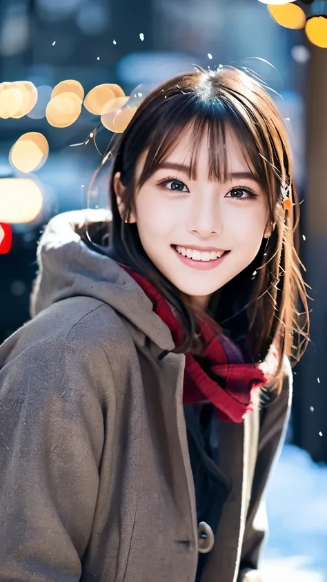 (Wore a winter uniform and scarf coat、 Close-up portrait of a girl with long hair and dull bangs:1.5)、(one person*** wearing a winter uniform and scarf coat spreads her arms and has a shy smile :1.5)、Age 25、( Christmas decorations on a street corner on a s...