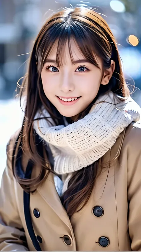 (Wore a winter uniform and scarf coat、 Close-up portrait of a girl with long hair and dull bangs:1.5)、(one person*** wearing a winter uniform and scarf coat spreads her arms and has a shy smile :1.5)、Age 25、( Christmas decorations on a street corner on a s...