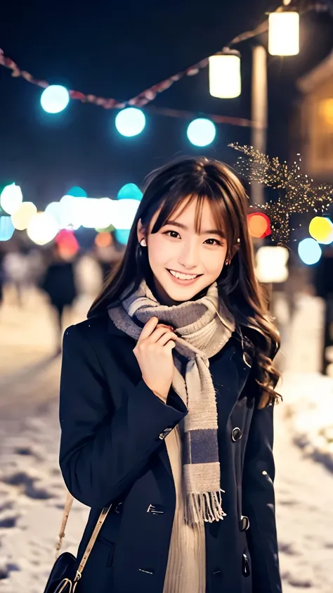 (Wore a winter uniform and scarf coat、 Close-up portrait of a girl with long hair and dull bangs:1.5)、(one person*** wearing a winter uniform and scarf coat spreads her arms and has a shy smile :1.5)、Age 25、( Christmas decorations on a street corner on a s...