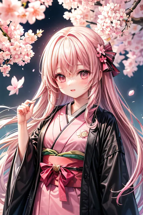 1girl, solo, kimono, (((black and pink theme))), (cherry blossoms), falling flower,(((masterpiece, best quality, high quality)))...