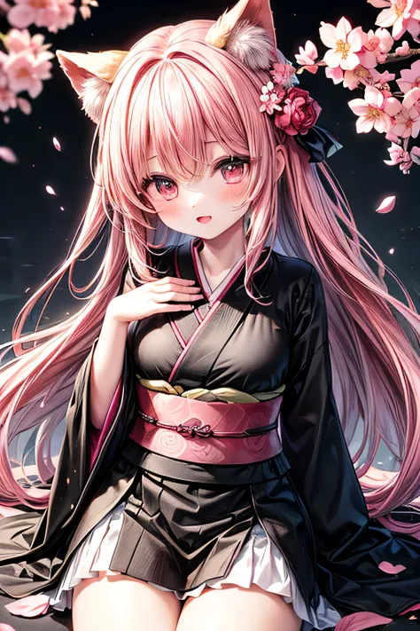 1girl, solo, kimono, (((black and pink theme))), (cherry blossoms), (falling flower1.2),(((masterpiece, best quality, high quali...